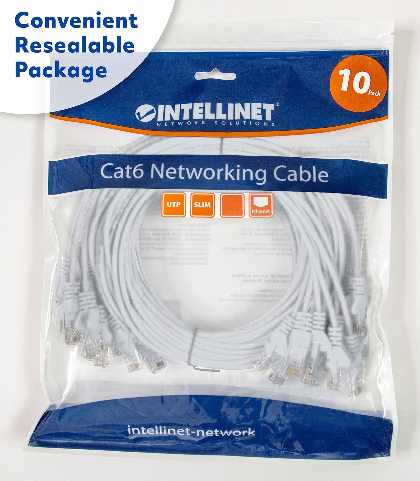 Cat6 U/UTP Slim Network Patch Cable, 3 ft., White, 10-Pack