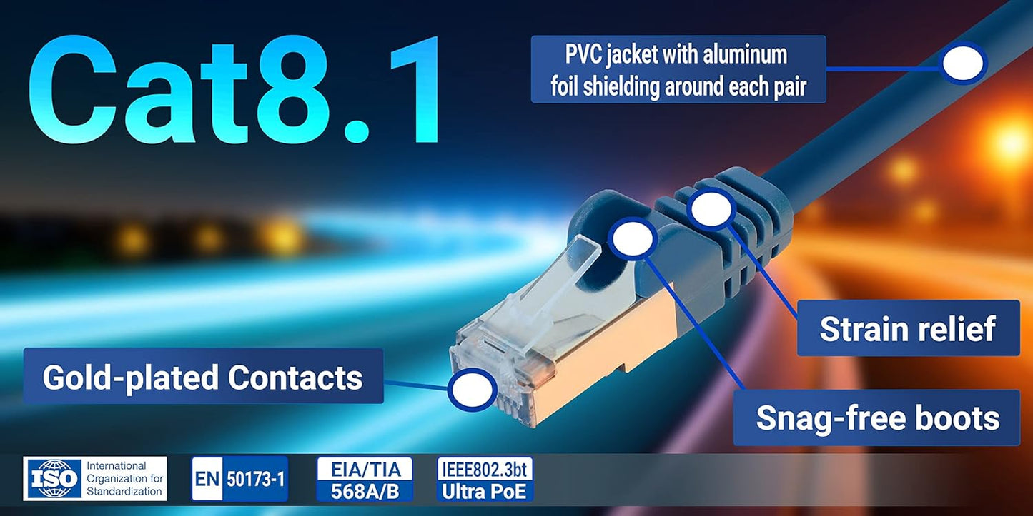 Cat8.1 U/FTP Slim Network Patch Cable, 3 ft., Blue, 10-Pack
