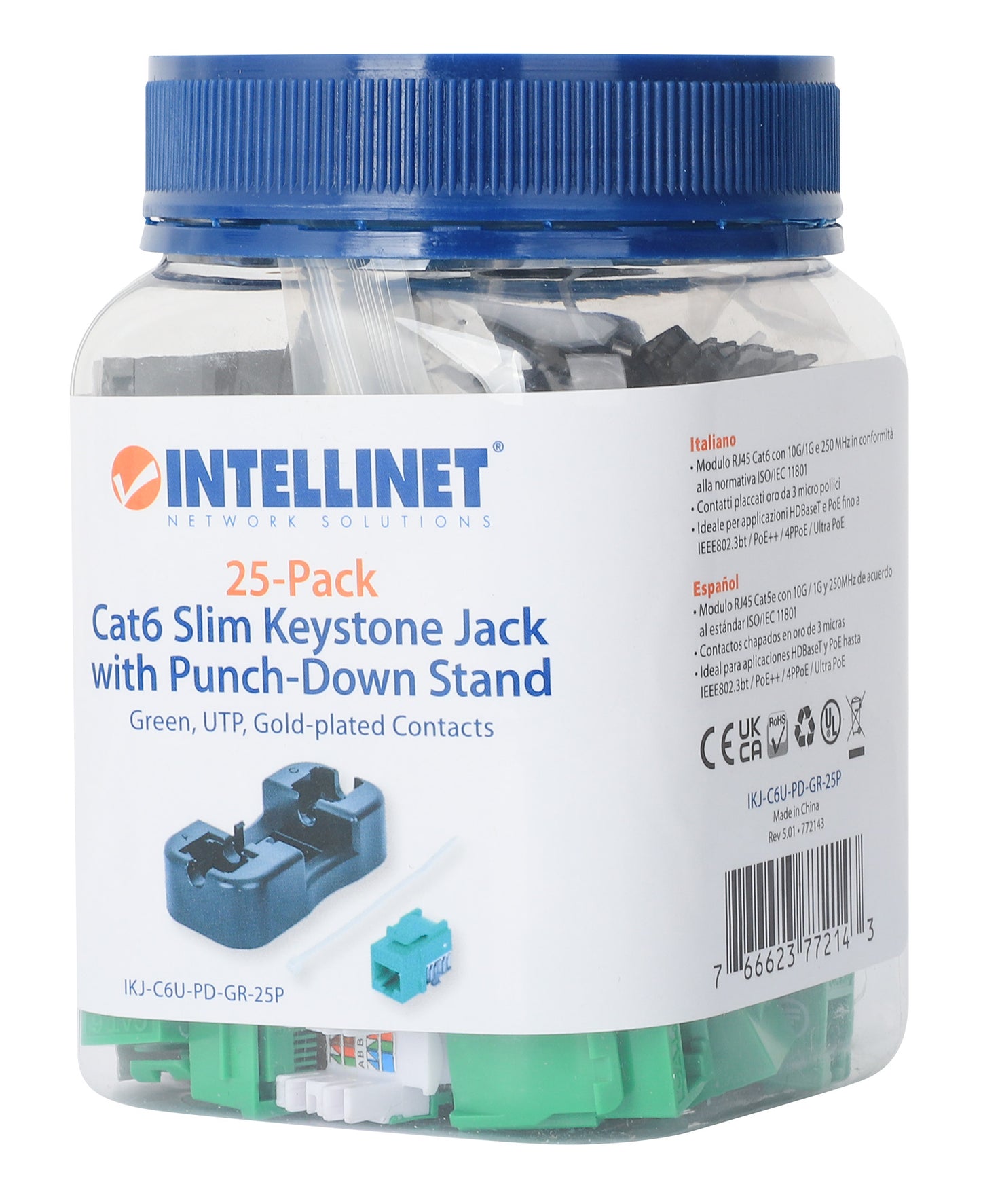 Cat6 Slim Keystone Jack with Punch-Down Stand, Green, 25-Pack