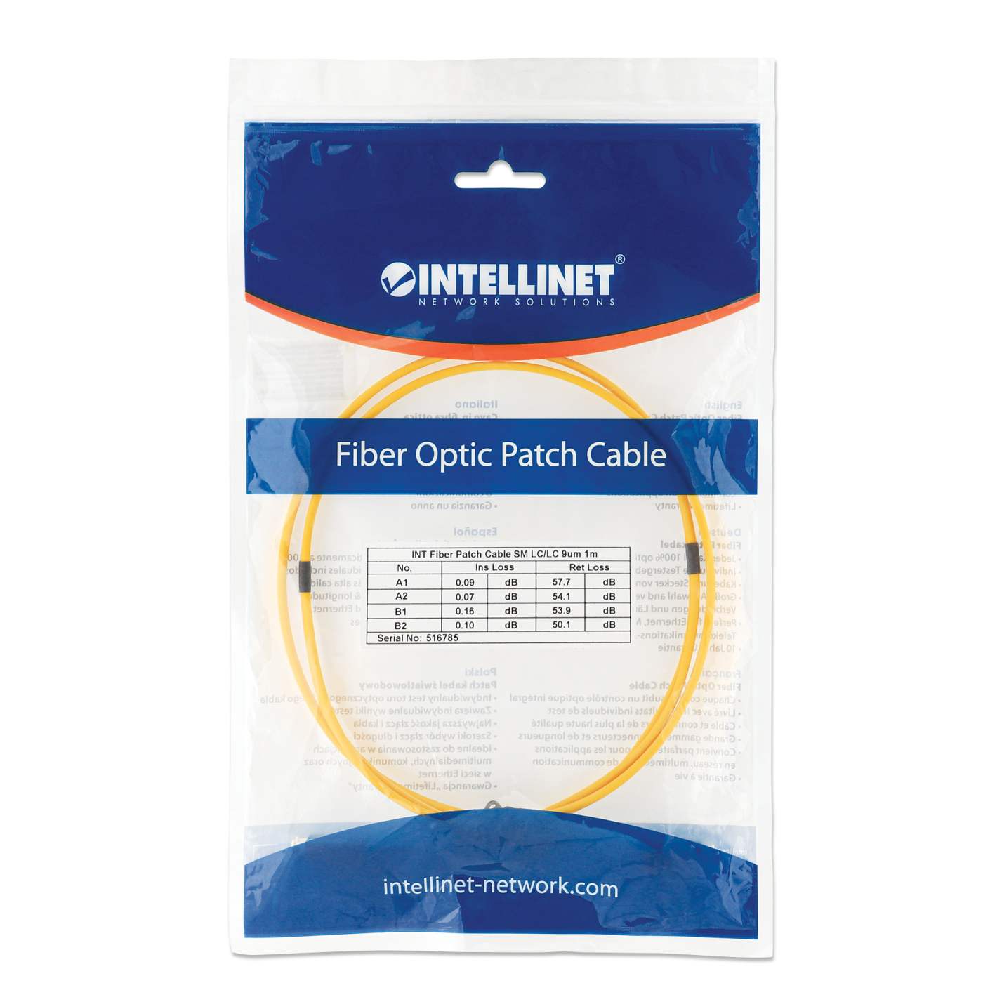 10 m LC to LC UPC Fiber Optic Patch Cable, 2.0 mm, Duplex, OFNR, Singlemode BIF, Yellow Packaging Image 2