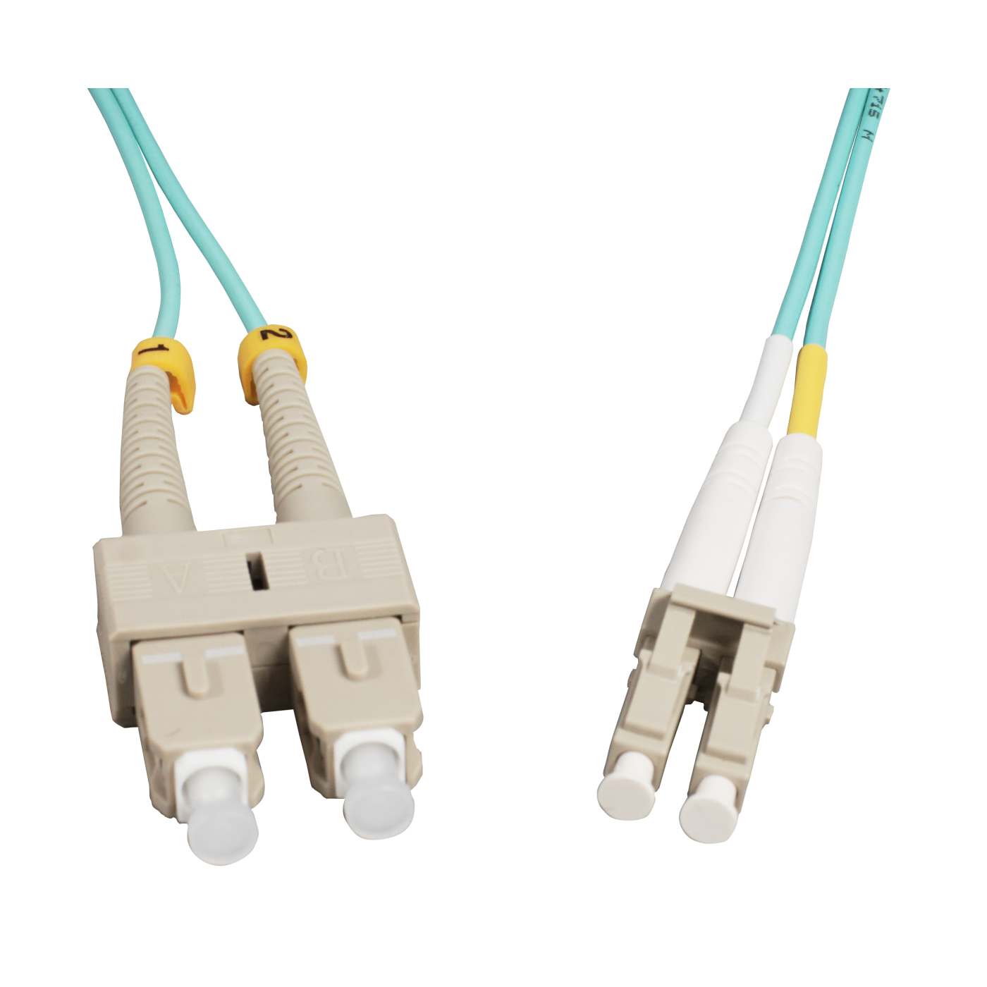 10 m LC to SC UPC Fiber Optic Patch Cable, 2.0 mm, Duplex, OFNR, OM4 Multimode, Aqua Image 2