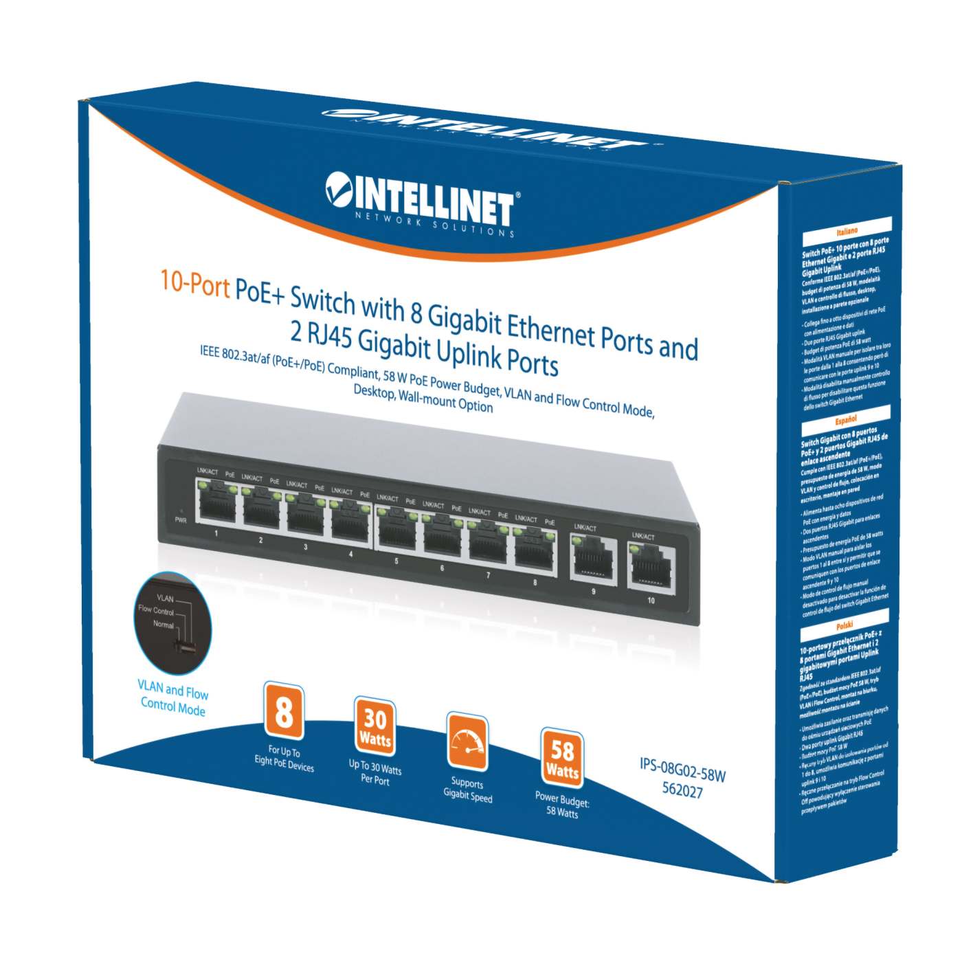 10-Port PoE+ Switch w/ 8 GbE Ports & 2 RJ45 GbE Uplink Ports