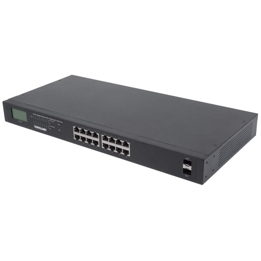 16-Port Gigabit Ethernet PoE+ Switch with 2 SFP Ports and LCD Screen Image 1