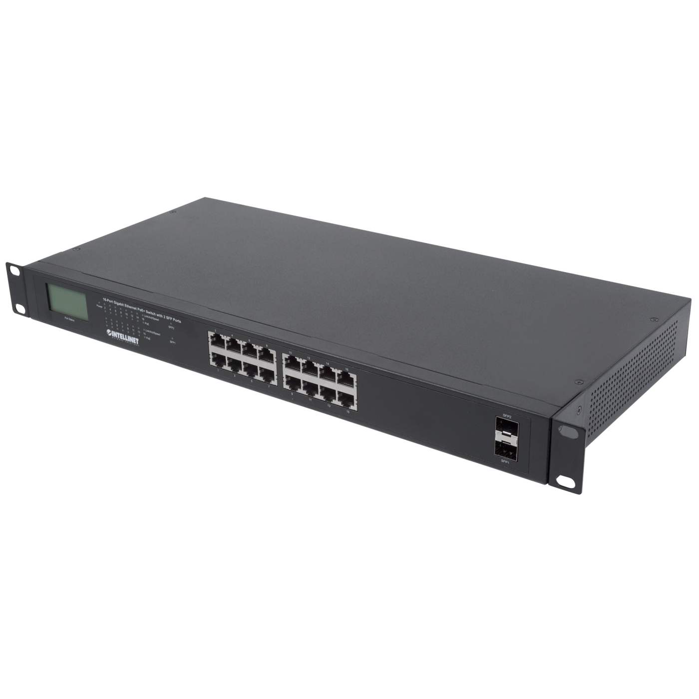 16-Port Gigabit Ethernet PoE+ Switch with 2 SFP Ports and LCD Screen Image 6