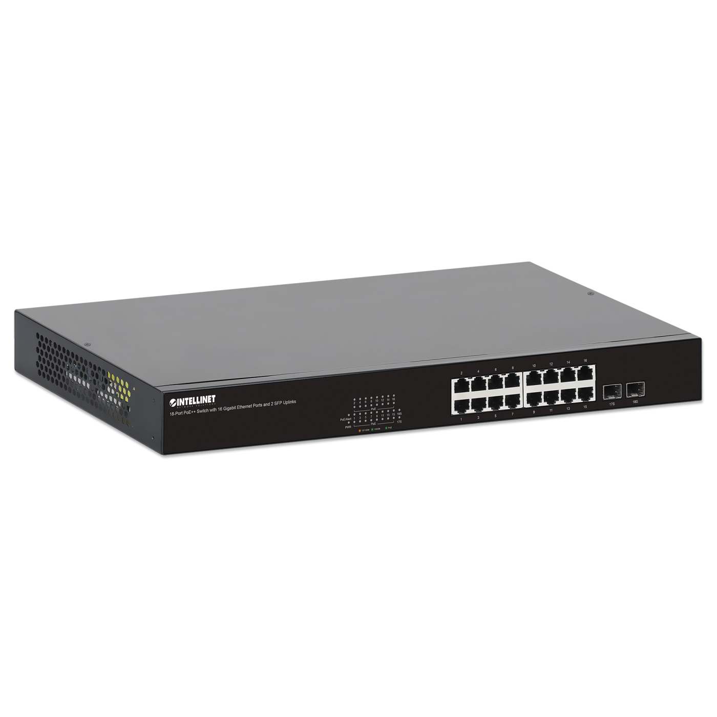 18-Port PoE++ Switch with 16 Gigabit Ethernet Ports and 2 SFP Uplinks Image 2