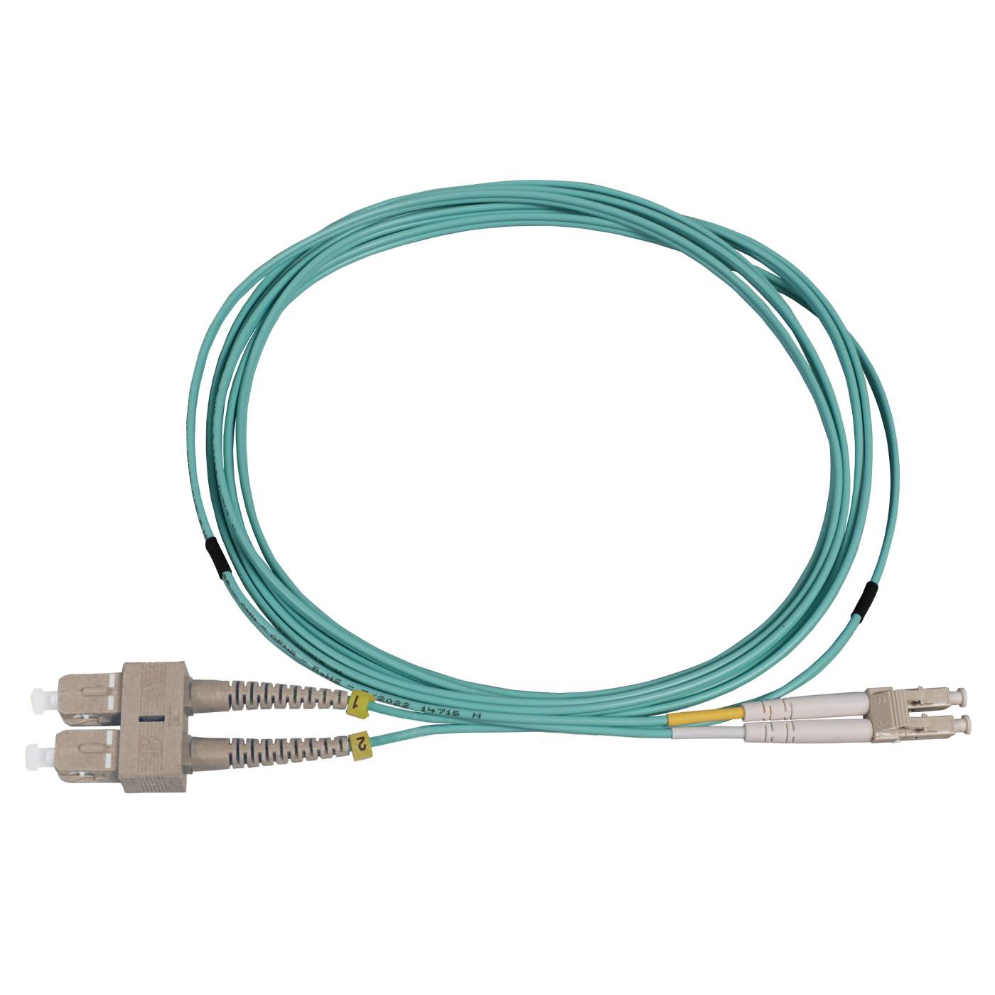 20 m LC to SC UPC Fiber Cable, 2 mm, Duplex, OFNR, OM3 MM, Aqua