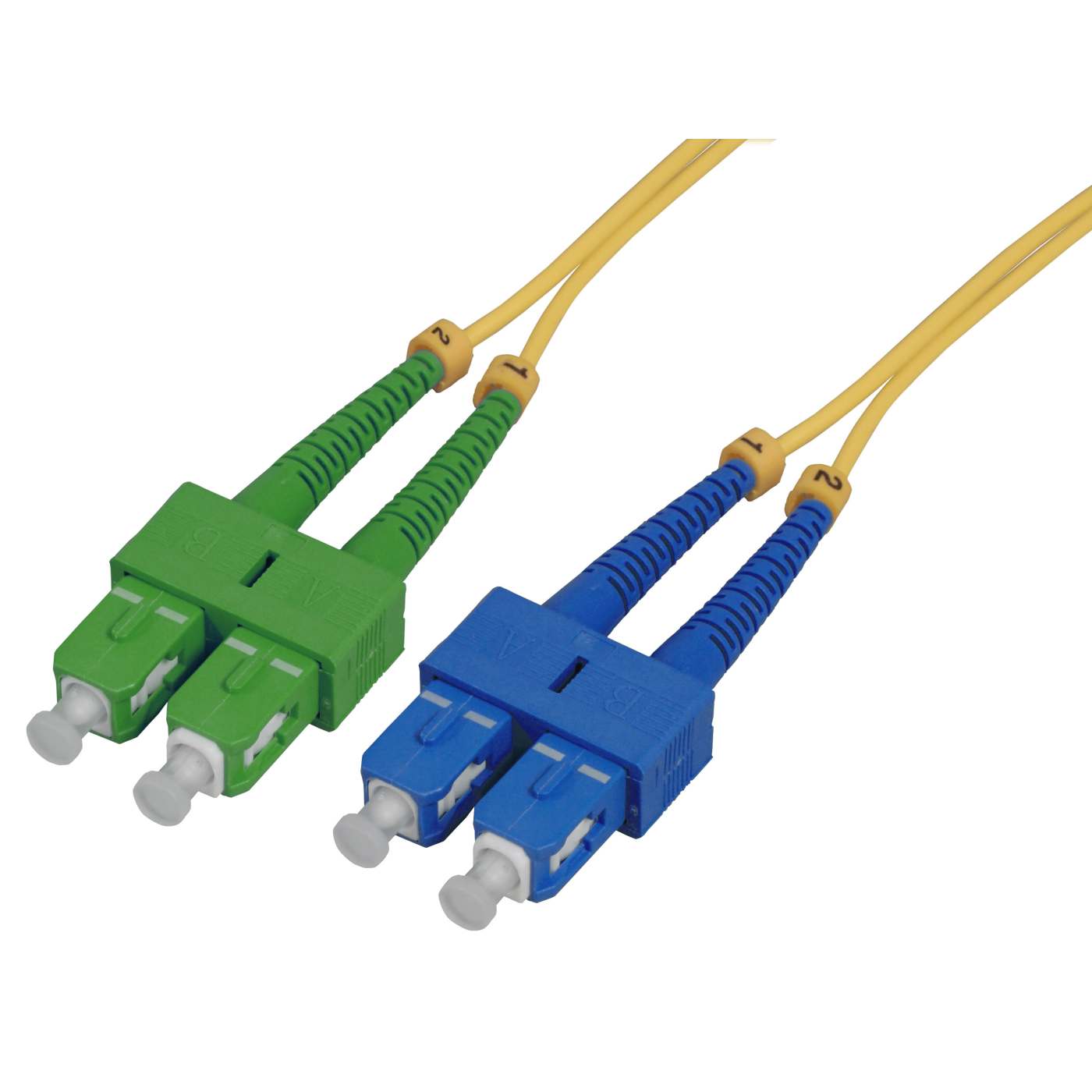 5 m SC UPC to SC APC Fiber Cable, 2 mm, Duplex, OFNR, SM BIF, Yellow