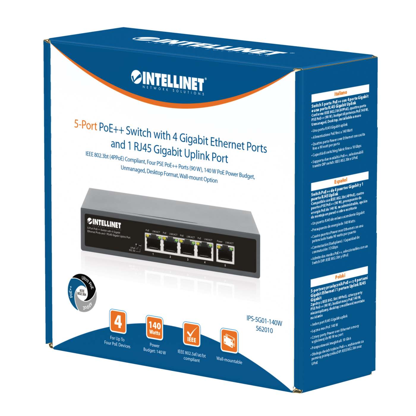 5-Port PoE++ Switch with 4 Gigabit Ethernet Ports and 1 RJ45 Gigabit Uplink Port Packaging Image 2