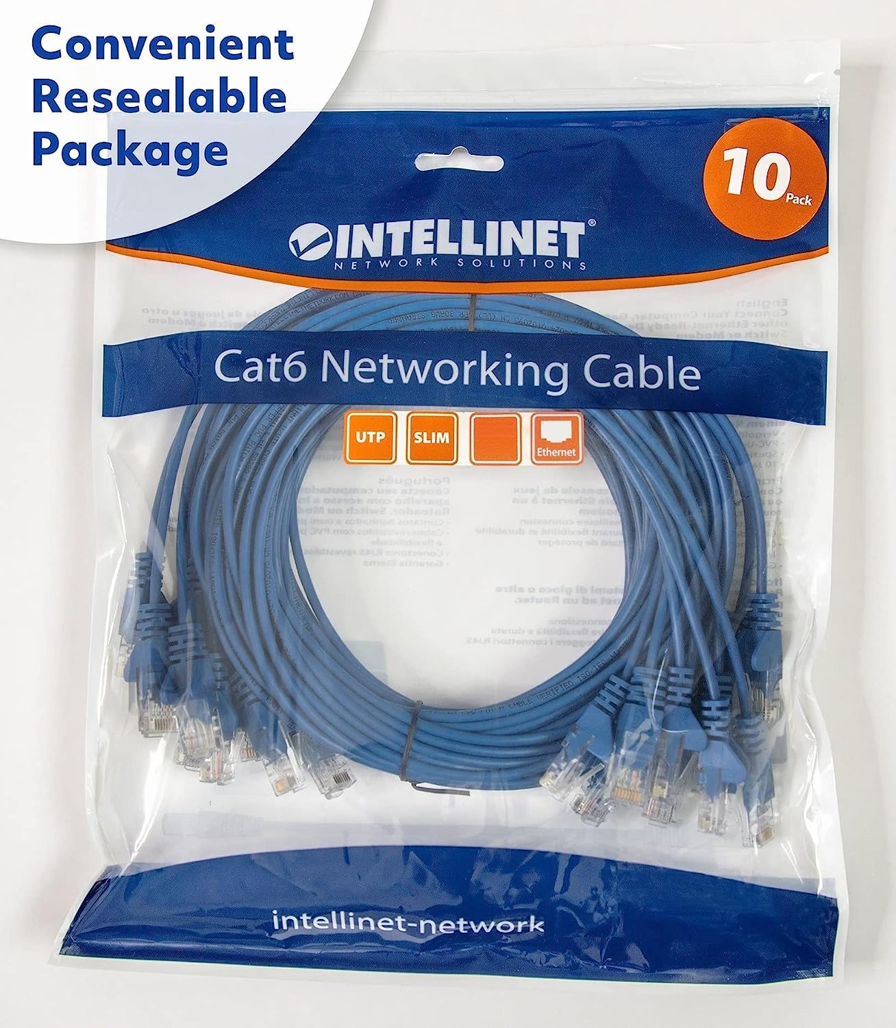 Cat6 U/UTP Slim Network Patch Cable, 0.5 ft., Blue, 10-Pack