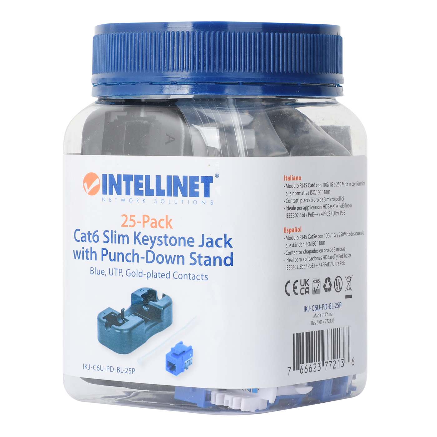 Cat6 Slim Keystone Jack with Punch-Down Stand, Blue, 25-Pack Packaging Image 2