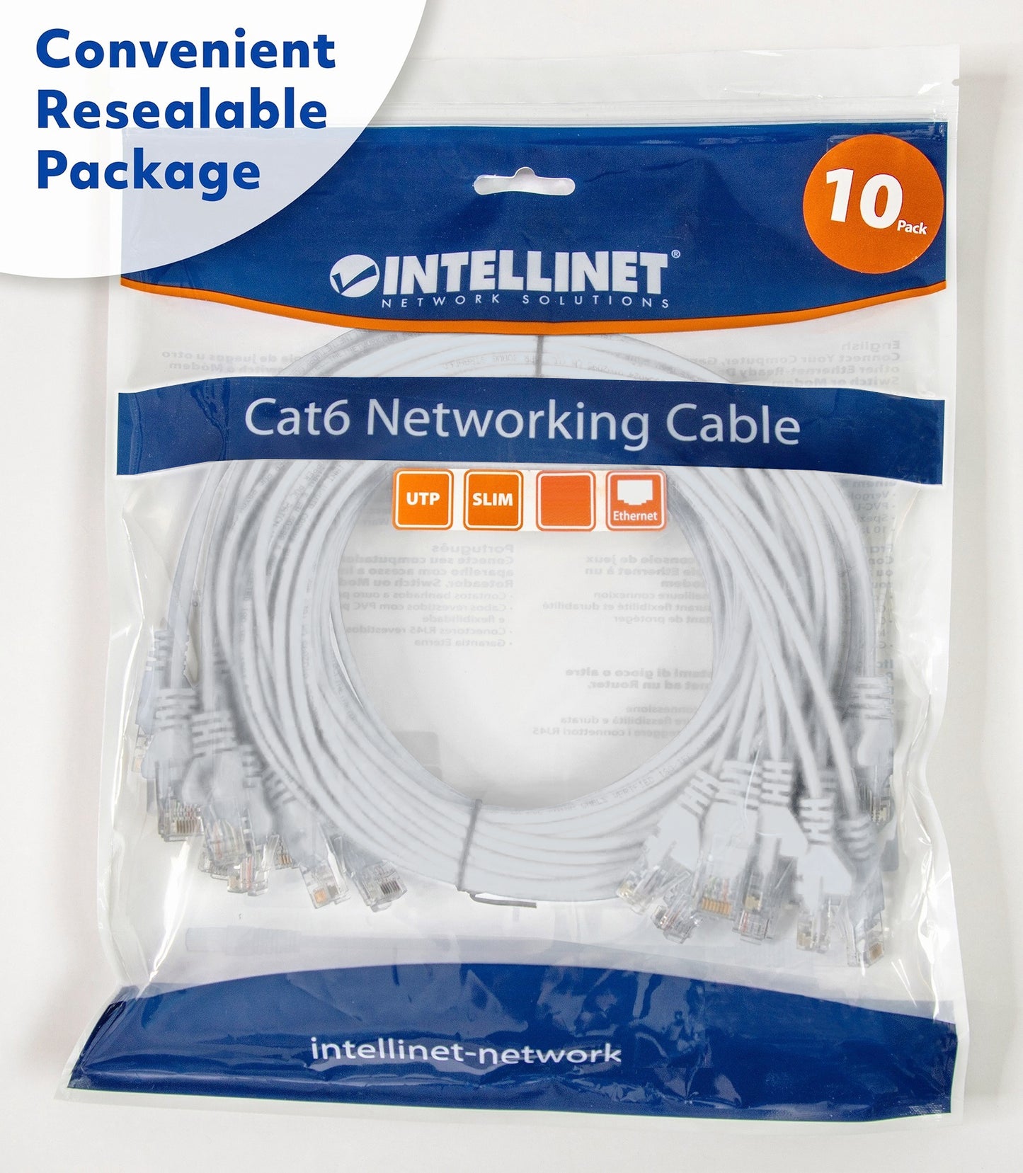 Cat6 U/UTP Slim Network Patch Cable, 7 ft., White, 10-Pack