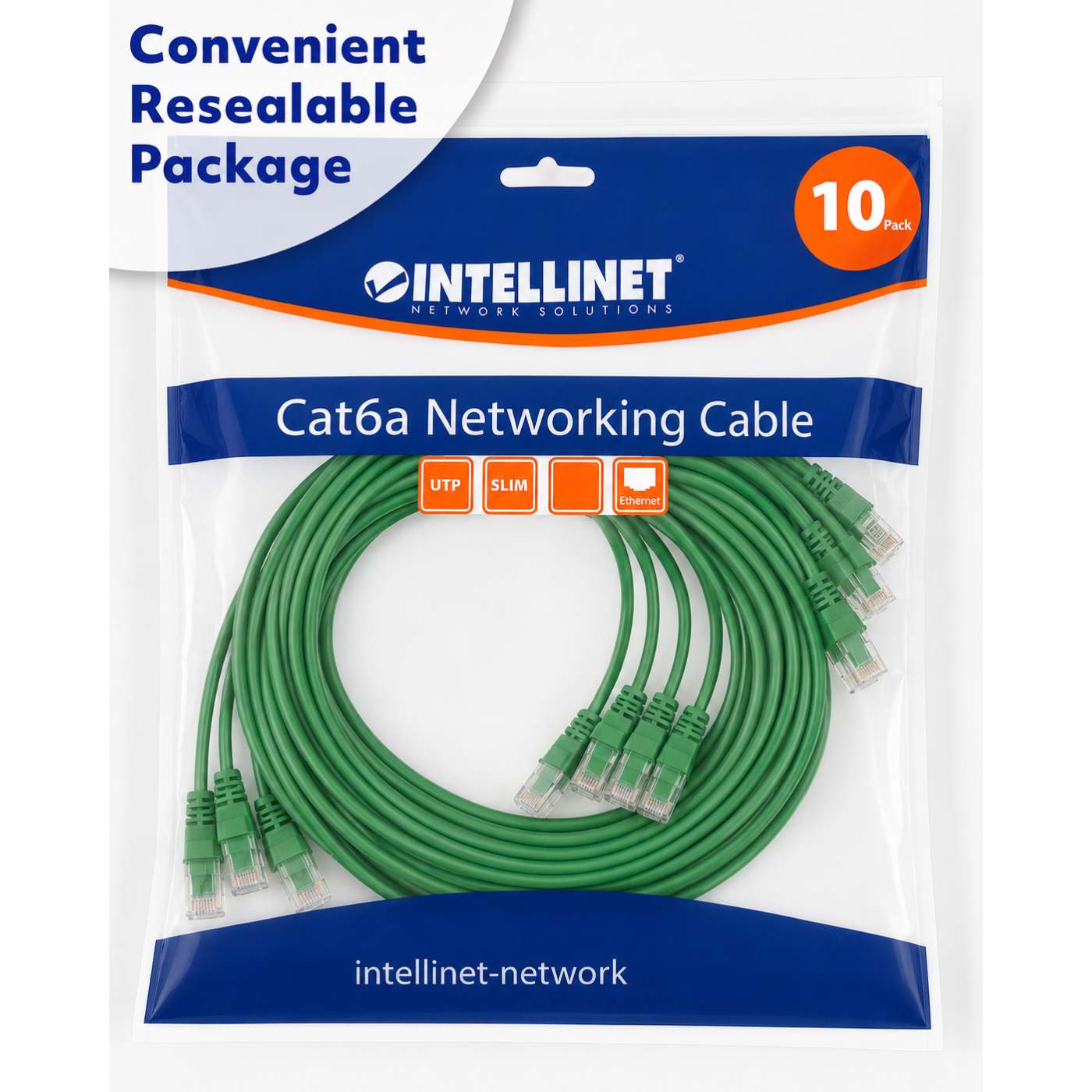 Cat6a U/UTP Slim Network Patch Cable, 0.5 ft., Green, 10-Pack Packaging Image 2