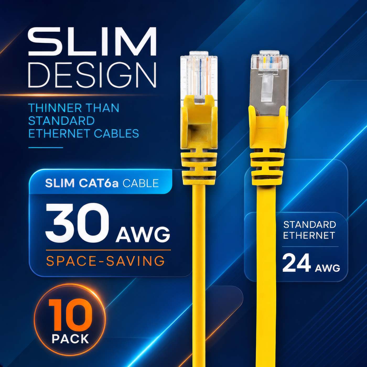 Cat6a U/UTP Slim Network Patch Cable, 0.5 ft., Yellow, 10-Pack Image 3