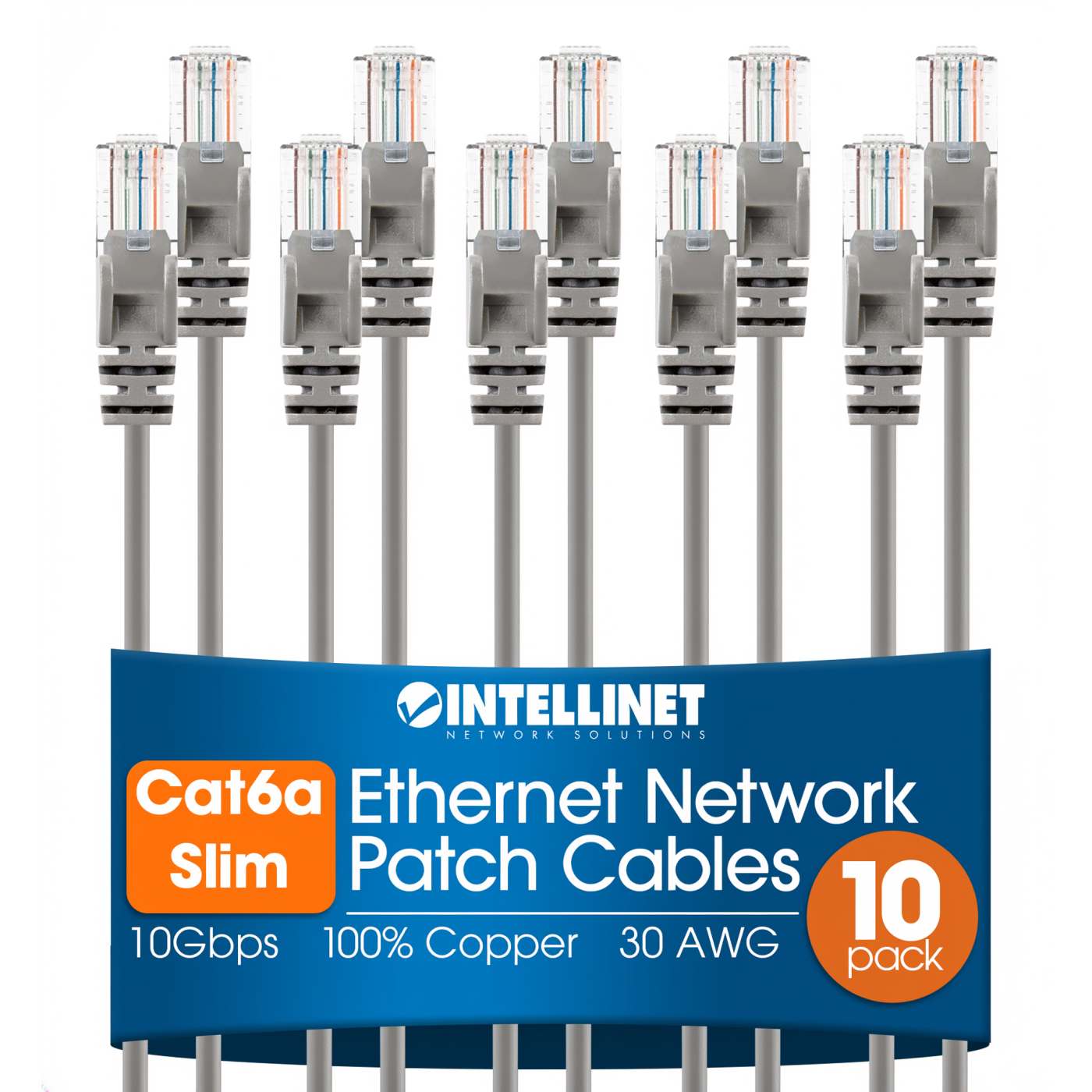 Cat6a U/UTP Slim Network Patch Cable, 1 ft., Grey, 10-Pack Image 1