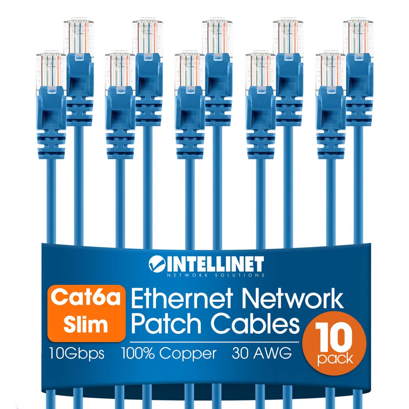 Cat6a U/UTP Slim Network Patch Cable, 10 ft., Blue, 10-Pack Image 1
