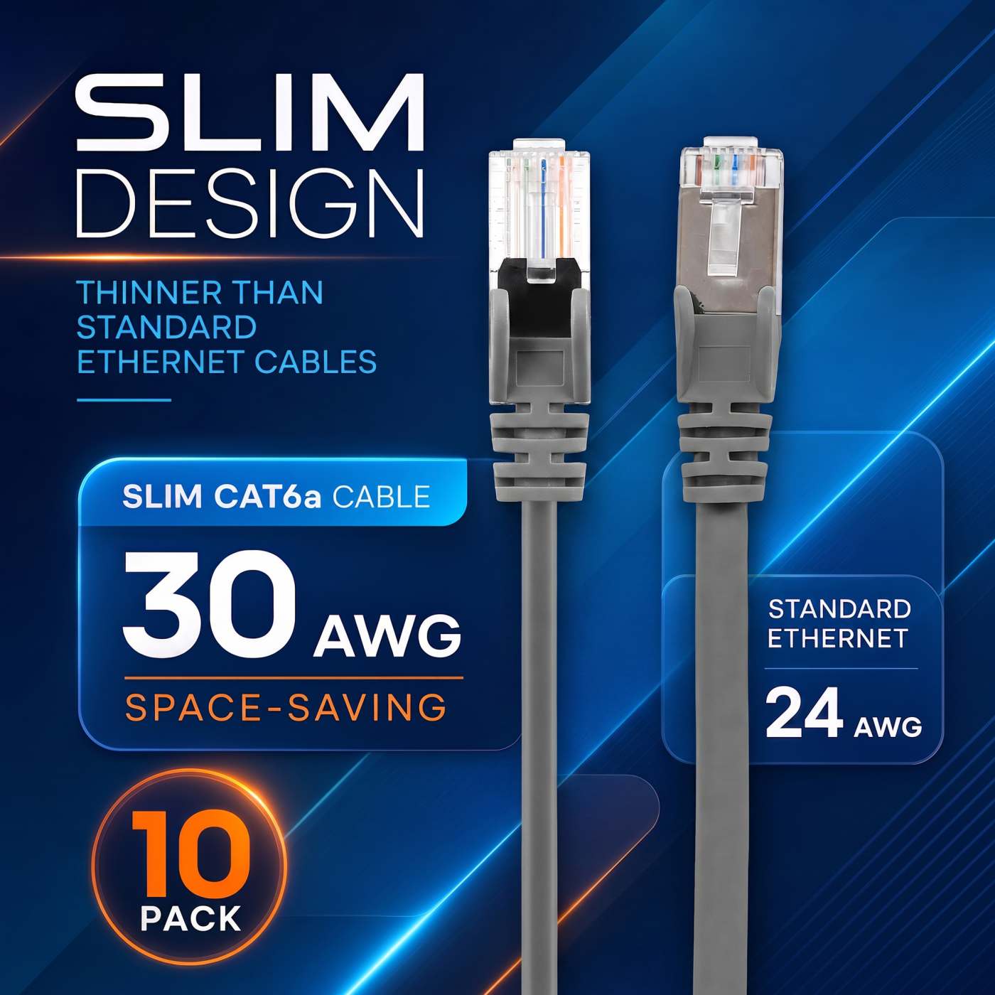 Cat6a U/UTP Slim Network Patch Cable, 10 ft., Grey, 10-Pack Image 3