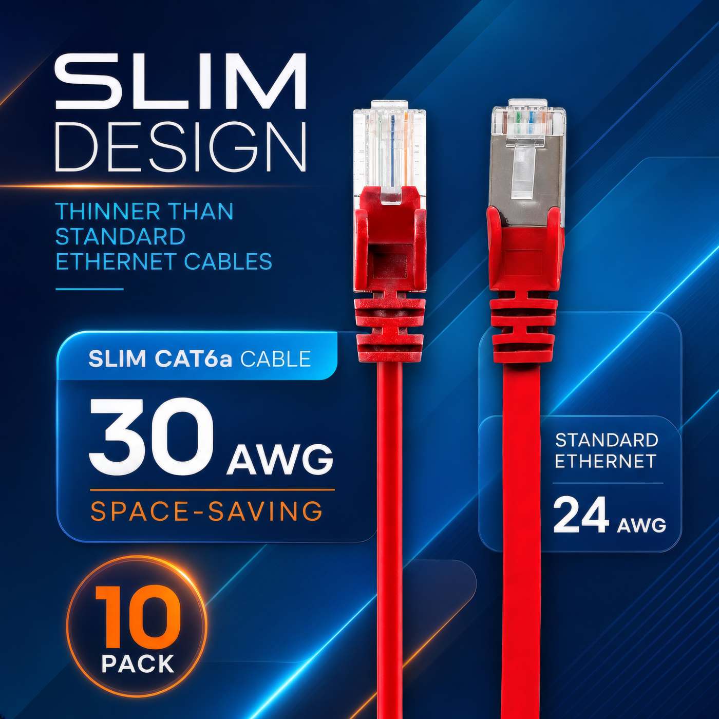 Cat6a U/UTP Slim Network Patch Cable, 10 ft., Red, 10-Pack Image 3