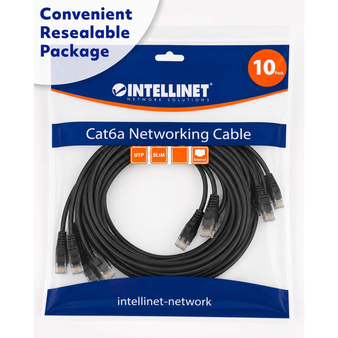 Cat6a U/UTP Slim Network Patch Cable, 14 ft., Black, 10-Pack Packaging Image 2