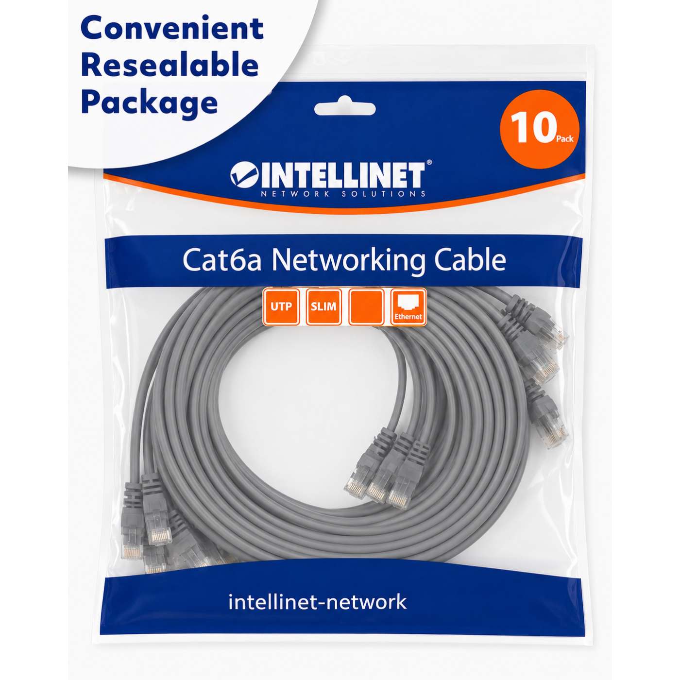 Cat6a U/UTP Slim Network Patch Cable, 14 ft., Grey, 10-Pack Packaging Image 2