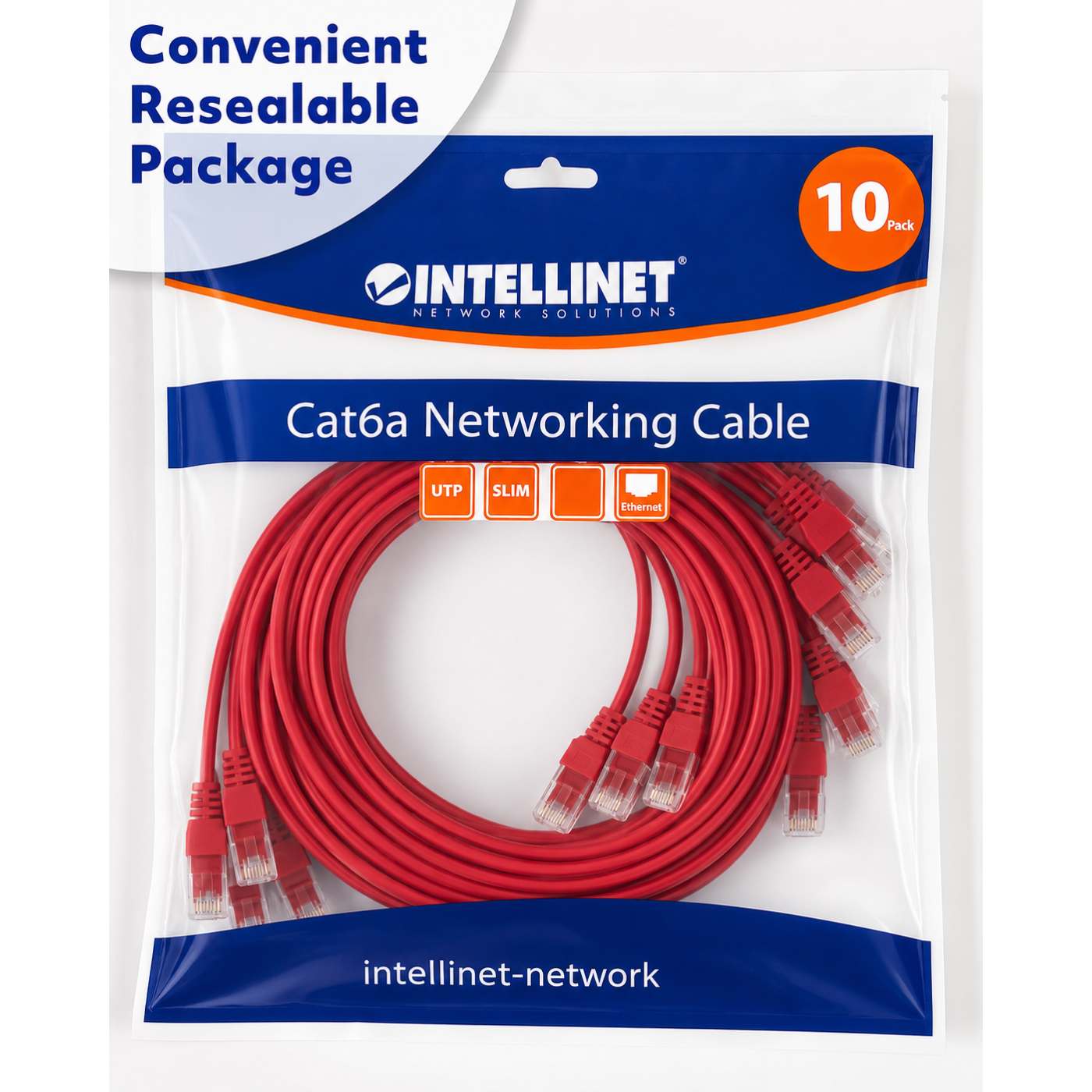 Cat6a U/UTP Slim Network Patch Cable, 14 ft., Red, 10-Pack Packaging Image 2