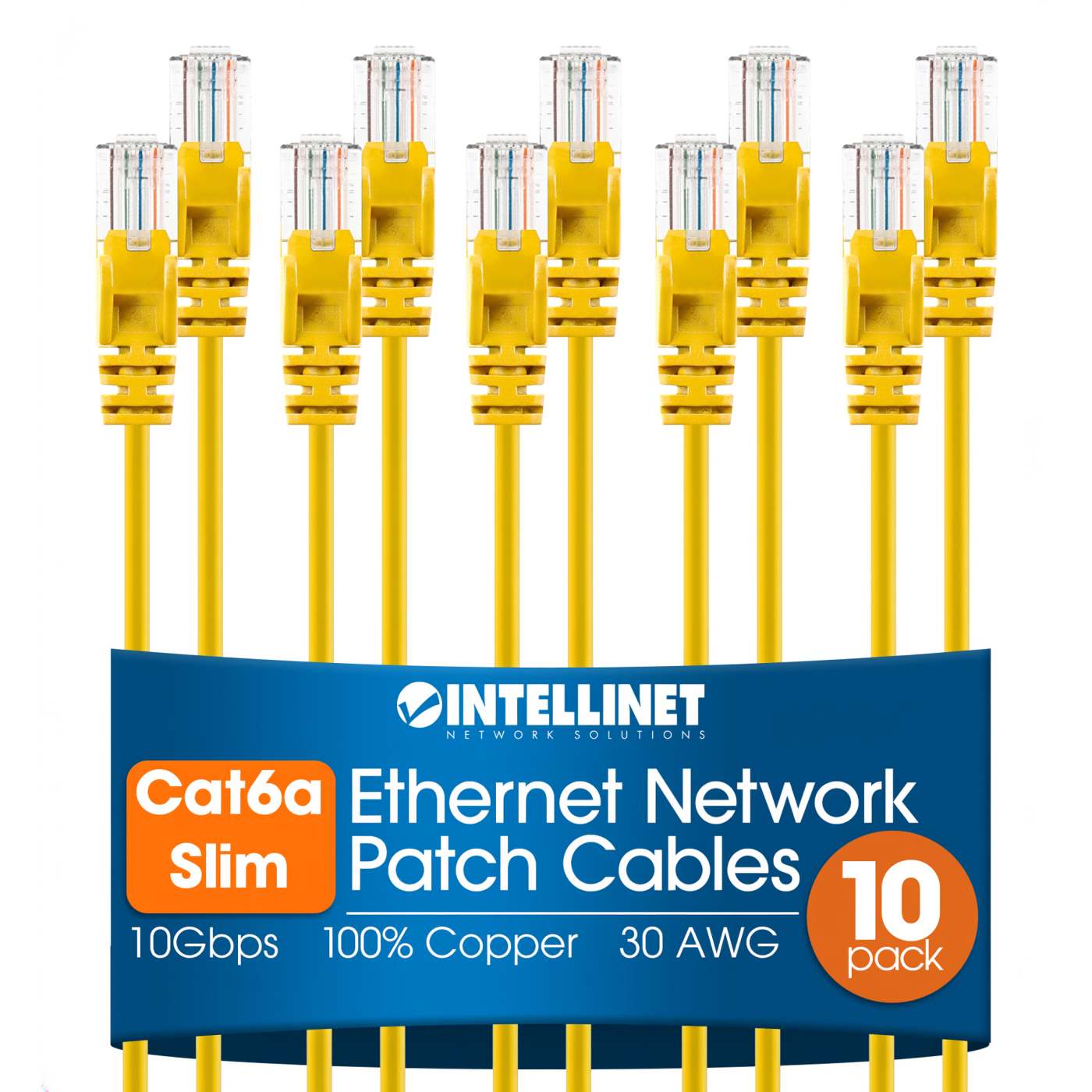 Cat6a U/UTP Slim Network Patch Cable, 14 ft., Yellow, 10-Pack Image 1