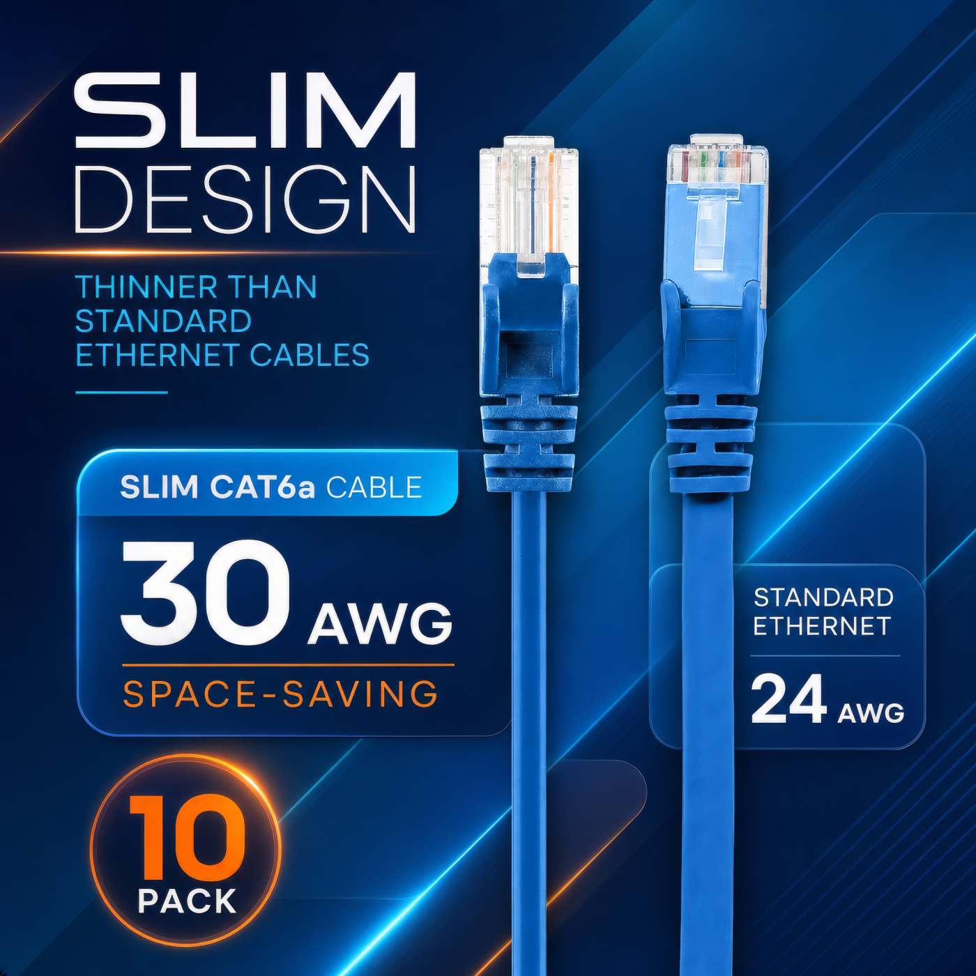 Cat6a U/UTP Slim Network Patch Cable, 3 ft., Blue, 10-Pack Image 3