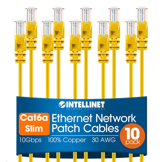 Cat6a U/UTP Slim Network Patch Cable, 3 ft., Yellow, 10-Pack Image 1