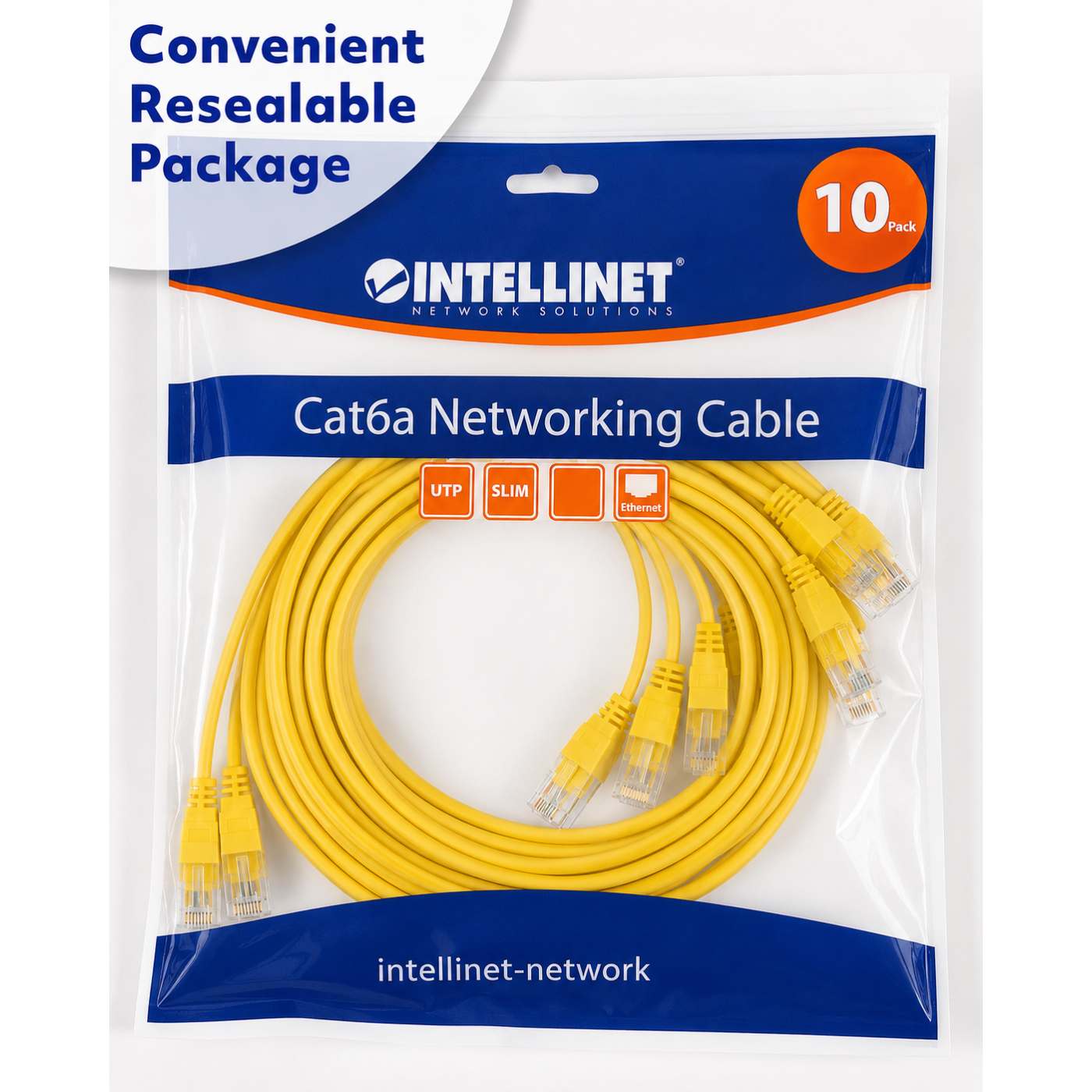 Cat6a U/UTP Slim Network Patch Cable, 3 ft., Yellow, 10-Pack Packaging Image 2