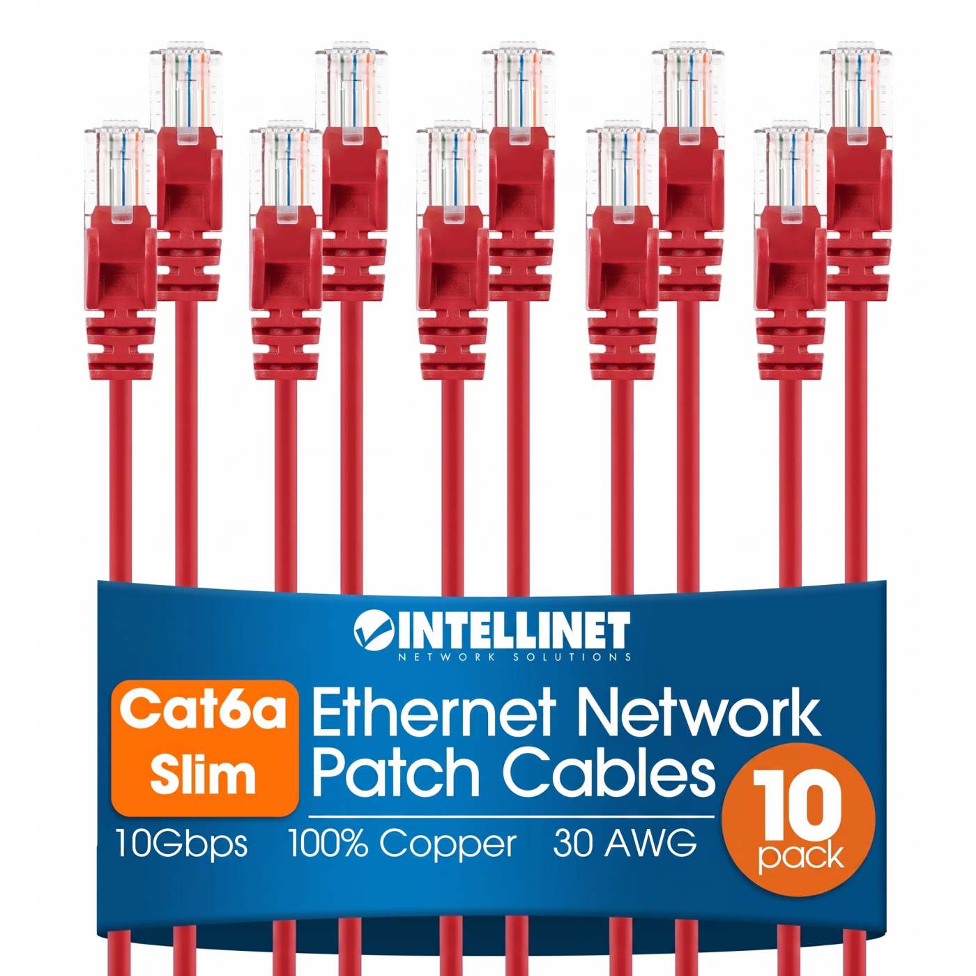 Cat6a U/UTP Slim Network Patch Cable, 5 ft., Red, 10-Pack Image 1