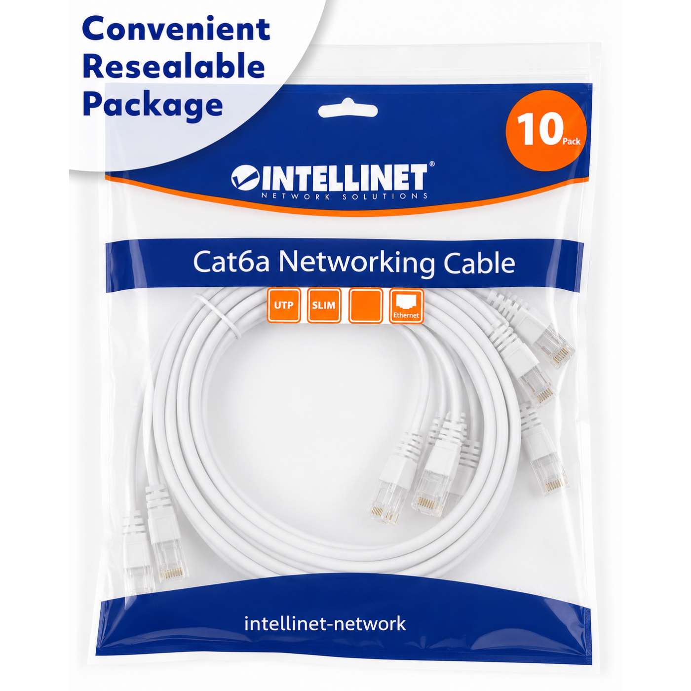Cat6a U/UTP Slim Network Patch Cable, 5 ft., White, 10-Pack Packaging Image 2