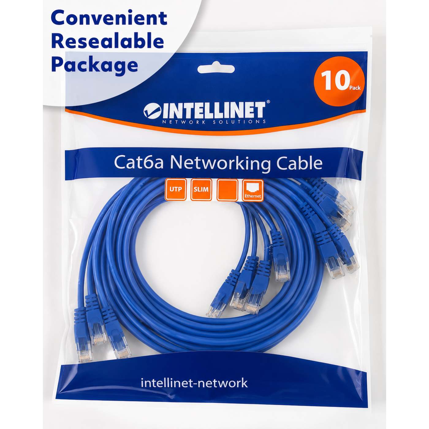 Cat6a U/UTP Slim Network Patch Cable, 7 ft., Blue, 10-Pack Packaging Image 2