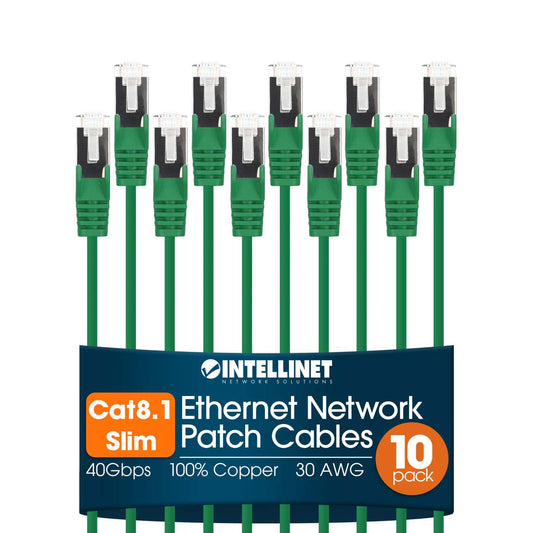 Cat8.1 U/FTP Slim Network Patch Cable, 10 ft., Green, 10-Pack Image 1