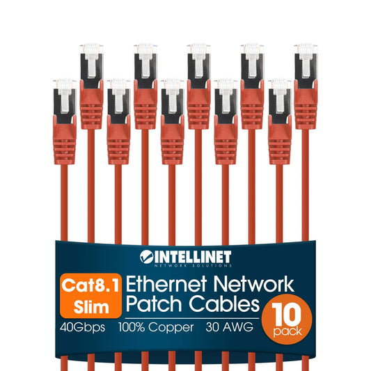 Cat8.1 U/FTP Slim Network Patch Cable, 1.5 ft., Red, 10-Pack Image 1