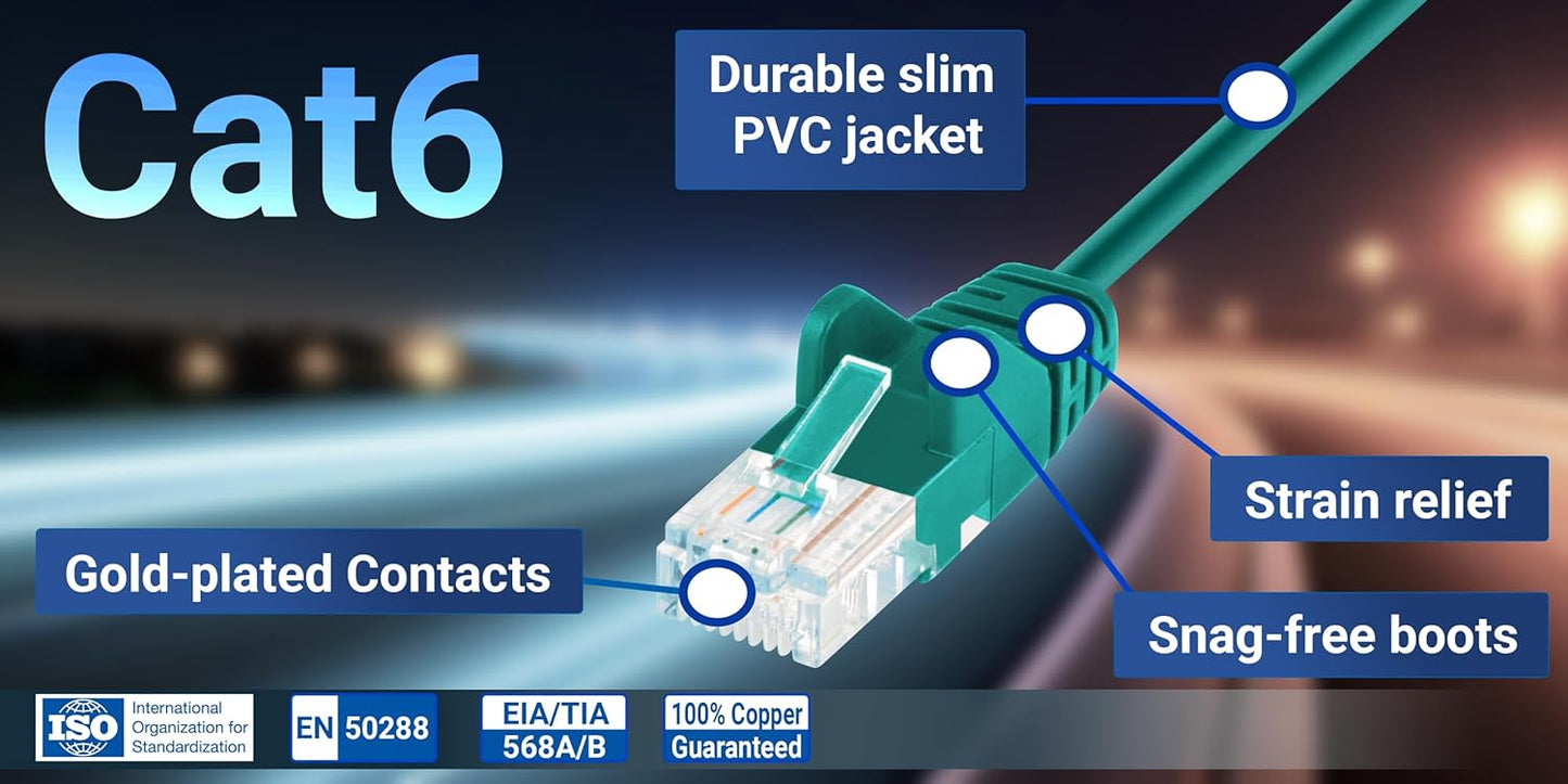 Cat6 U/UTP Slim Network Patch Cable, 5 ft., Green, 10-Pack