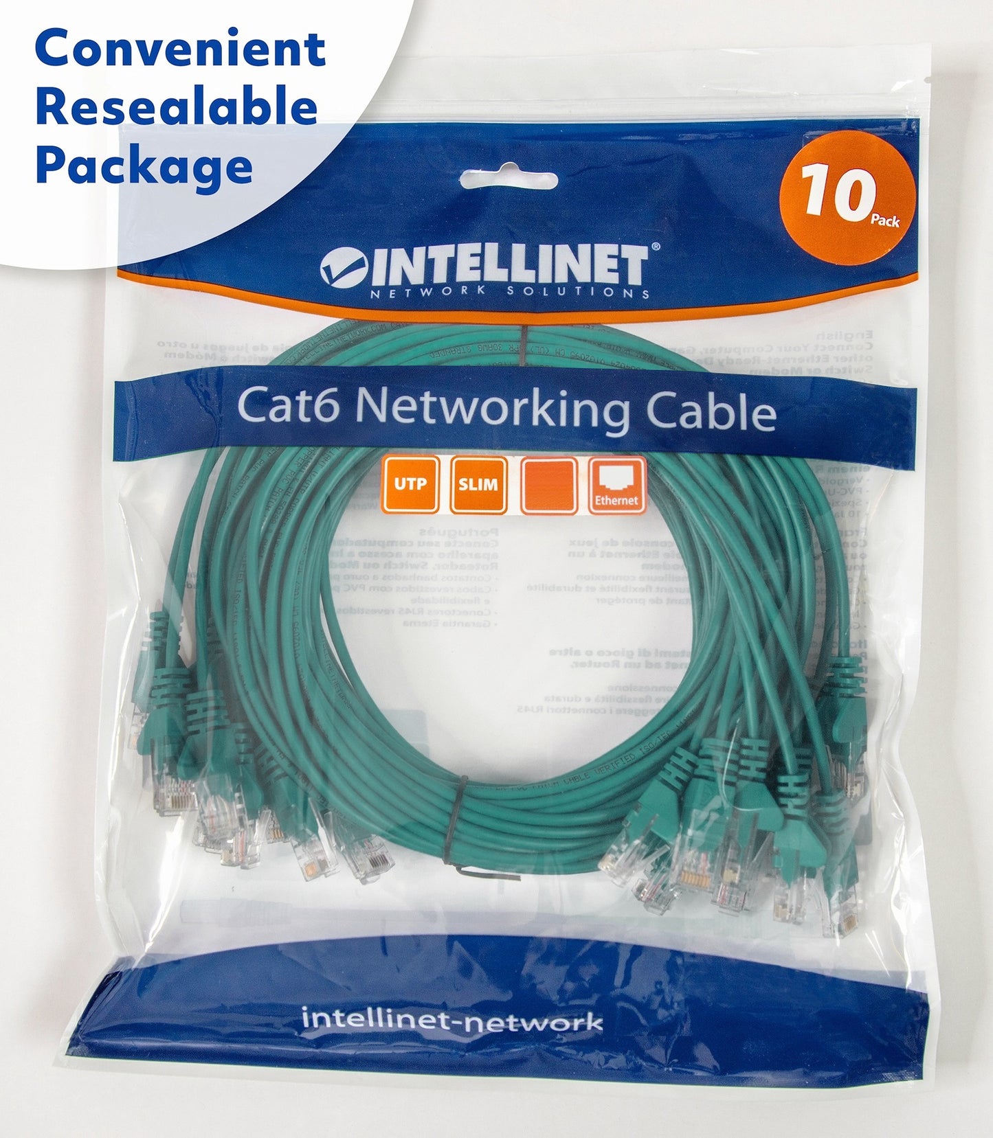 Cat6 U/UTP Slim Network Patch Cable, 10 ft., Green, 10-Pack