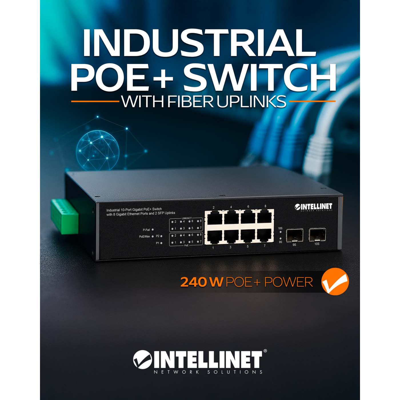 Industrial 10-Port Gigabit PoE+ Switch with 8 Gigabit Ethernet Ports and 2 SFP Uplinks Image 10