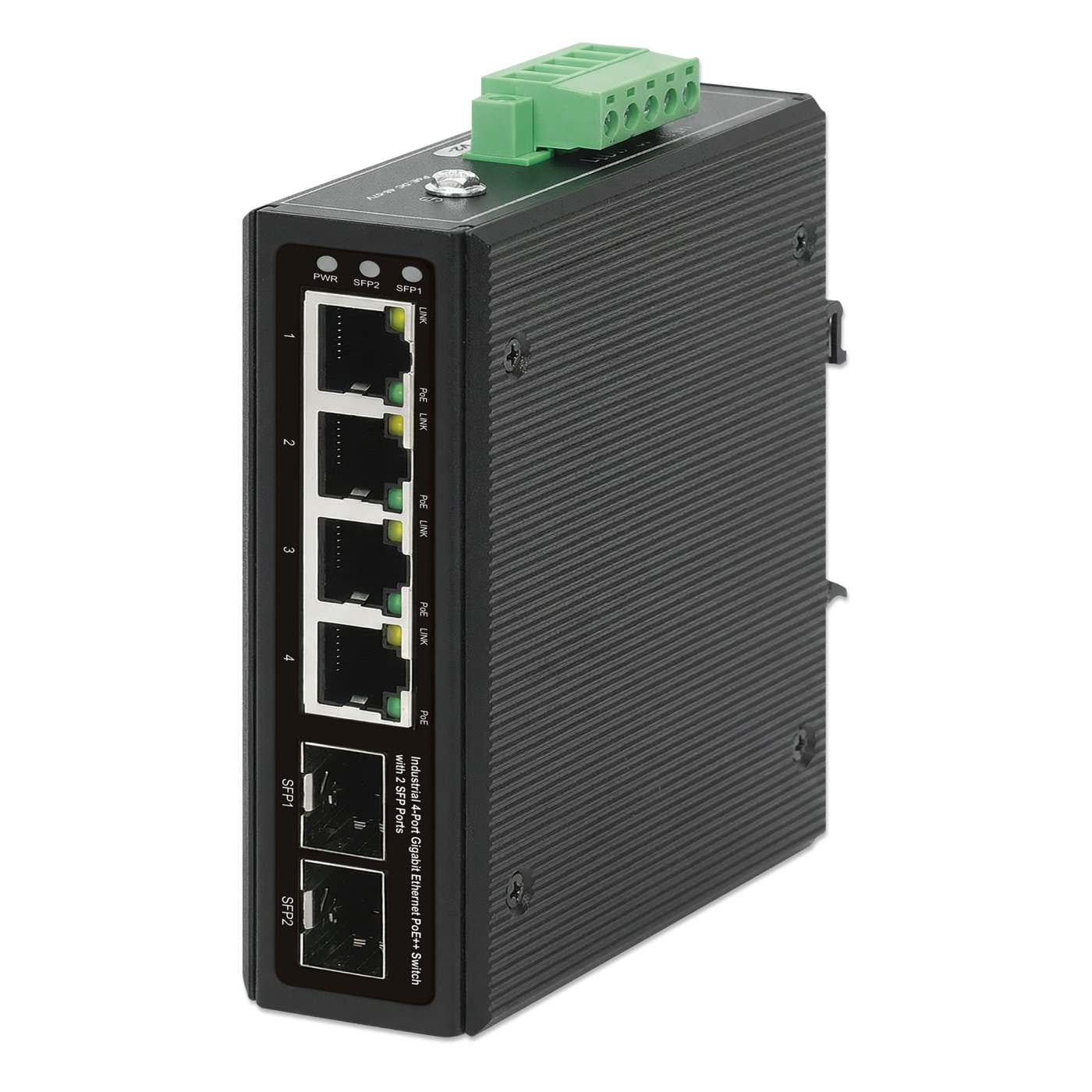 Industrial 4-Port Gigabit Ethernet PoE++ Switch with 2 SFP Ports Image 1