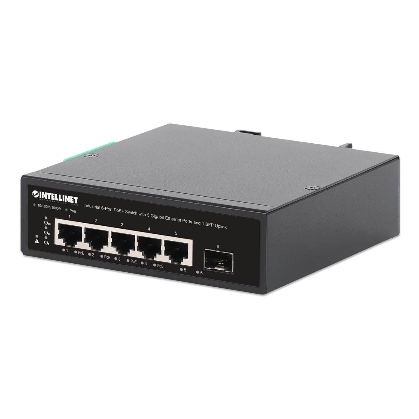 Industrial 6-Port PoE+ Switch with 5 Gigabit Ethernet Ports and 1 SFP Uplink Image 1