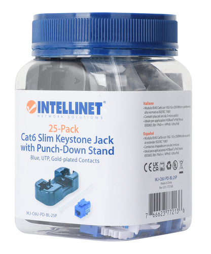 Cat6 Slim Keystone Jack with Punch-Down Stand, Blue, 25-Pack