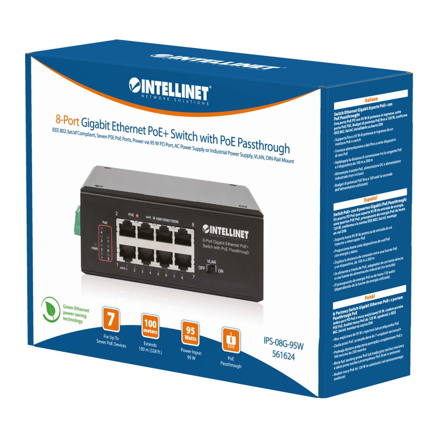 Hardened 8-Port GbE PoE+ Switch w/ PoE Passthrough (561624)