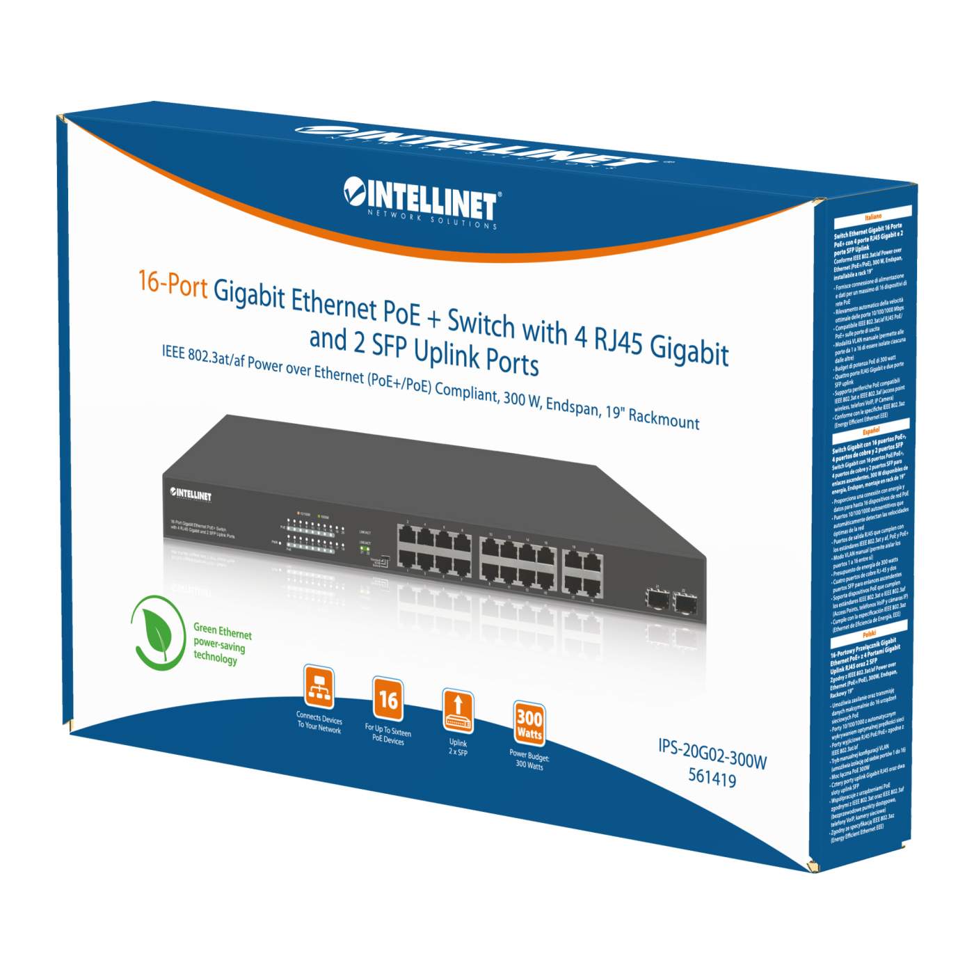 16-Port Gigabit Ethernet PoE+ Switch with 4 RJ45 Gigabit and 2 SFP Uplink Ports Packaging Image 2
