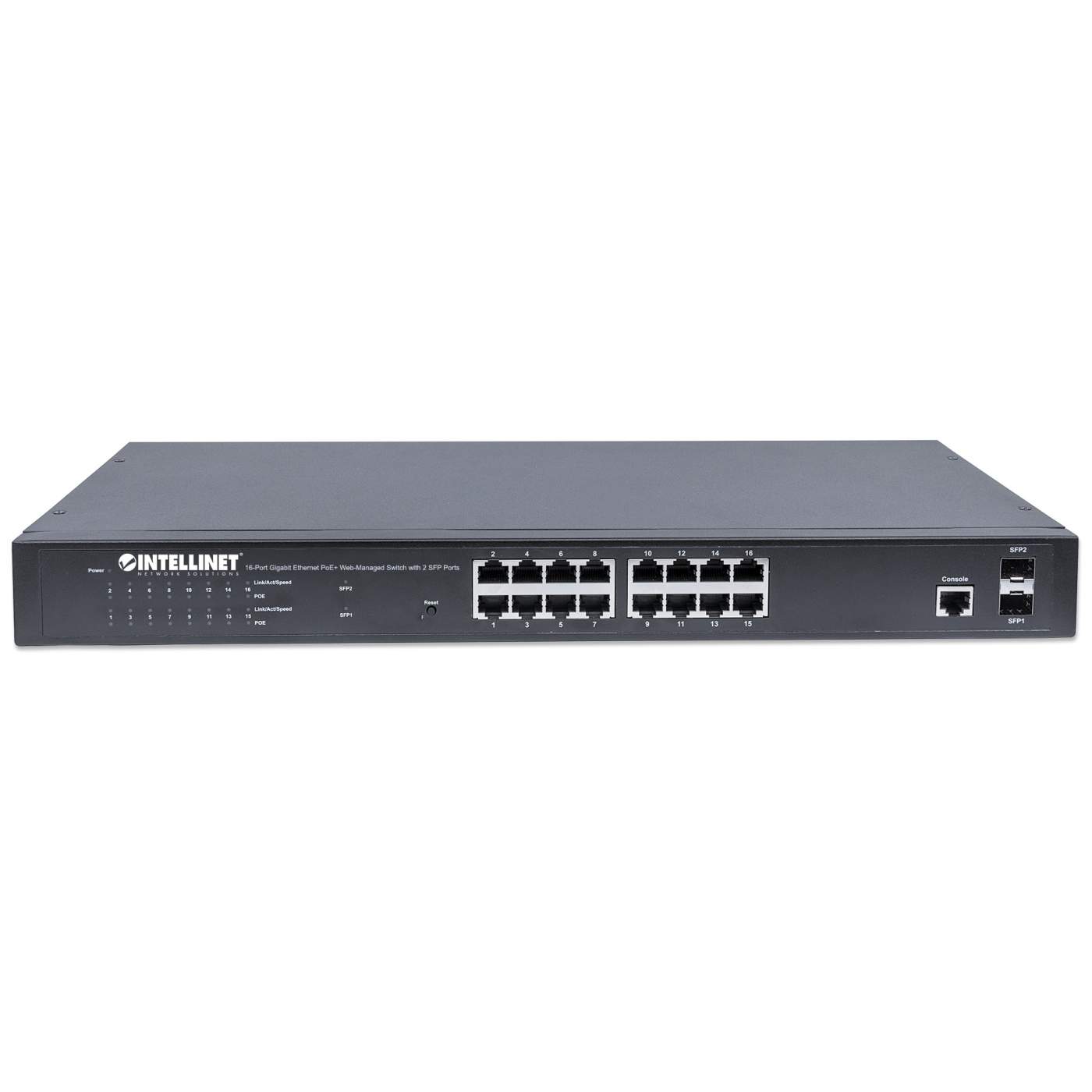 Switch Gigabit Ethernet 16 Porte PoE+ Web-Managed con 2 porte SFP -  INTELLINET - I-SWHUB POE-198