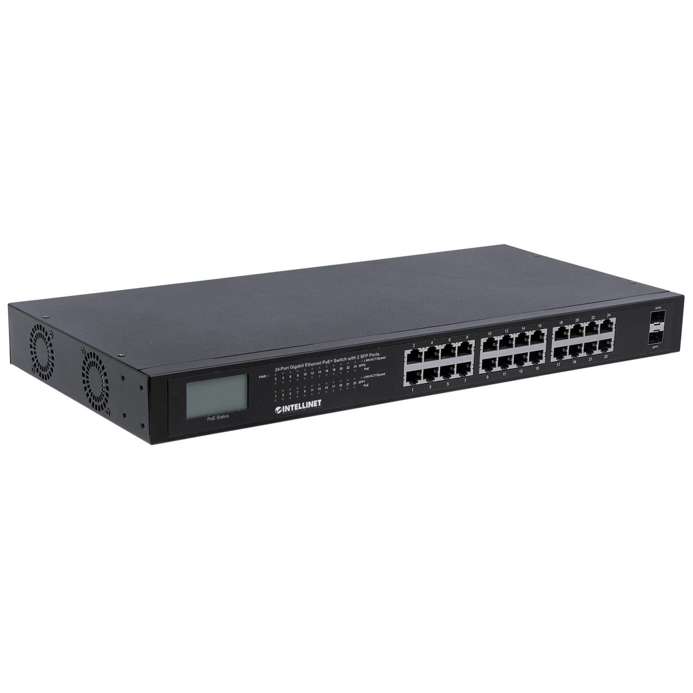24-Port Gigabit Ethernet PoE+ Switch with 2 SFP Ports and LCD Screen Image 2