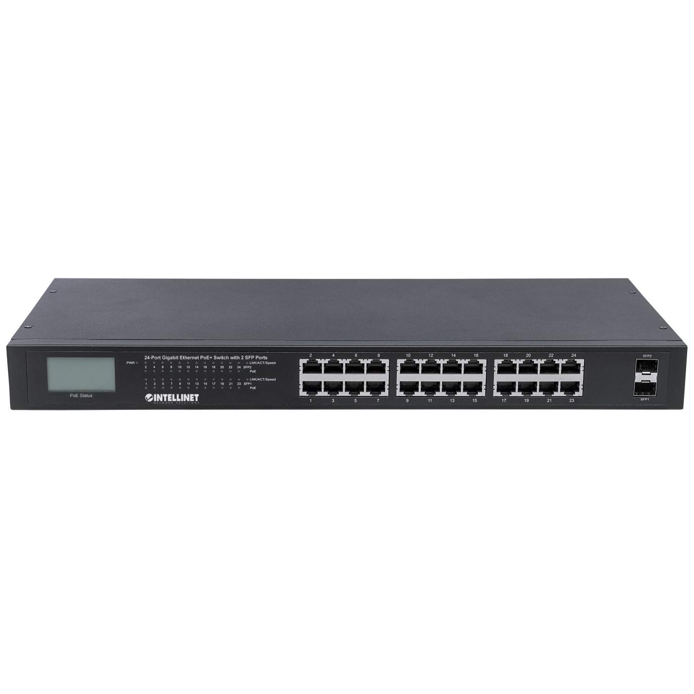 24-Port GbE PoE+ Switch w/ 2 SFP Ports & LCD Screen (Refurbished)