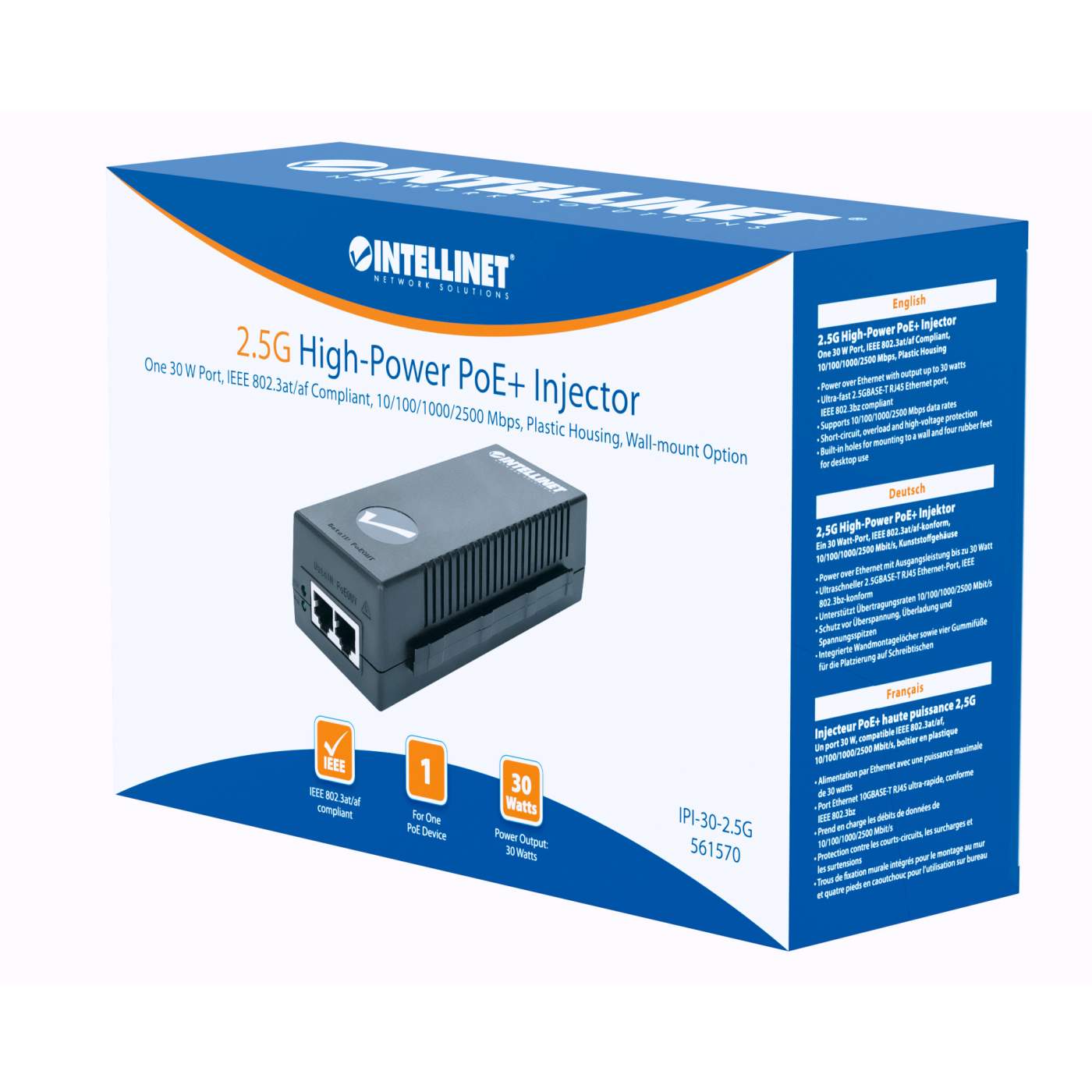 Intellinet 2.5G High-Power PoE+ Injector (561570)