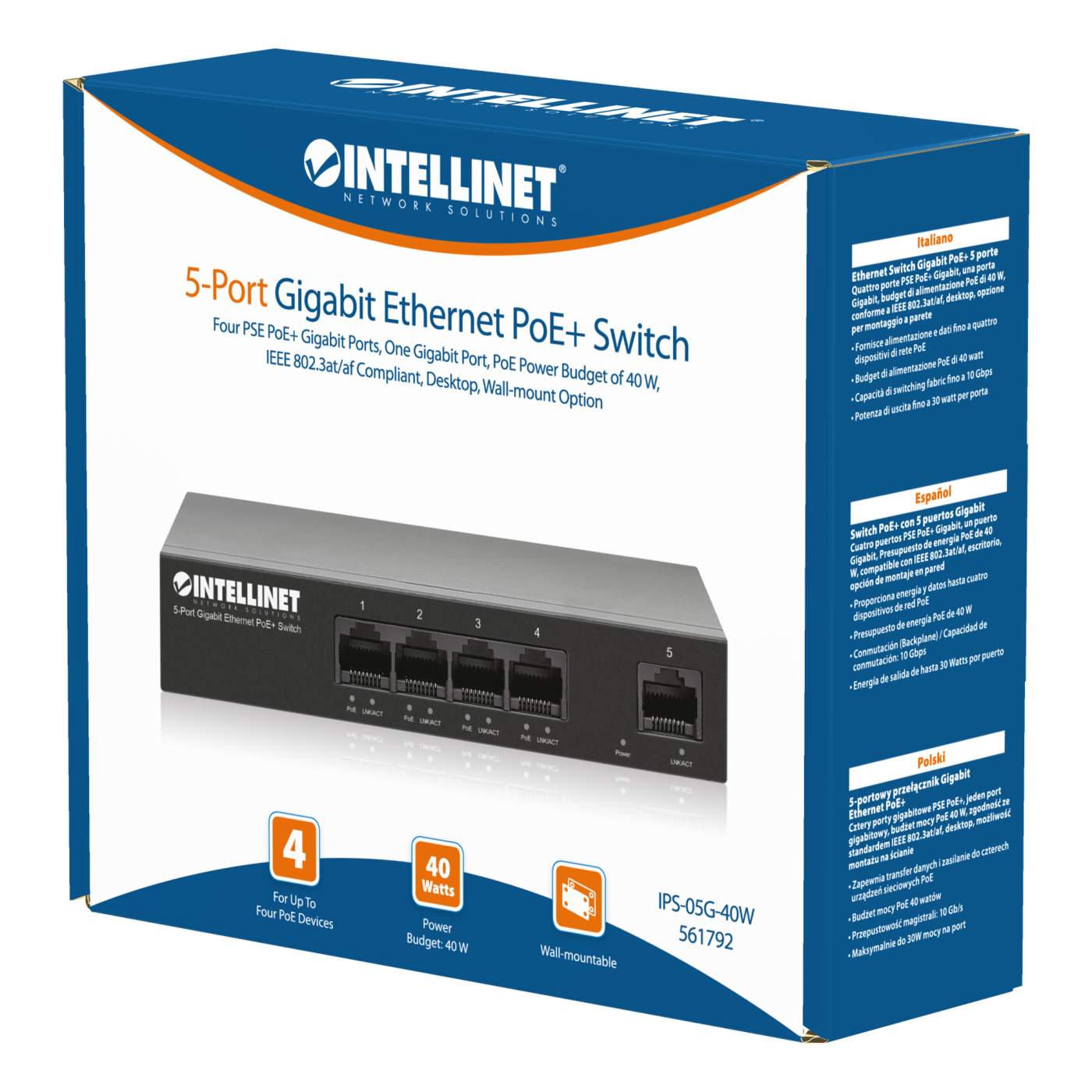 Intellinet 5-Port Gigabit Ethernet PoE+ Switch (561792)