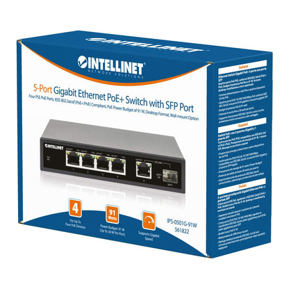 5-Port Gigabit Ethernet PoE+ Switch with SFP Port Packaging Image 2