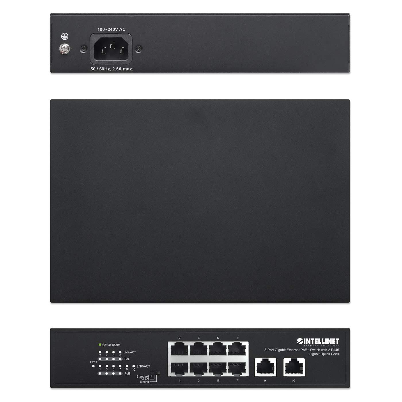Intellinet - 561402 - 8-Port Gigabit Ethernet PoE+ Switch with 2 RJ45 Gigabit Uplink Ports