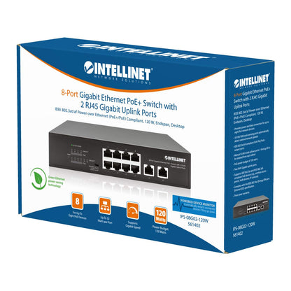 8-Port Gigabit Ethernet PoE+ Switch with 2 RJ45 Gigabit Uplink Ports Packaging Image 2