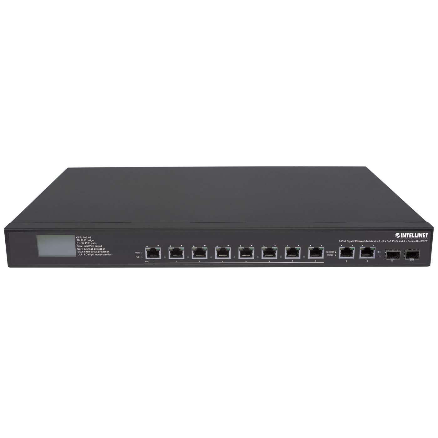 8-Port GbE 380W PoE+ Switch w/ 4 Uplink Ports & LCD Screen